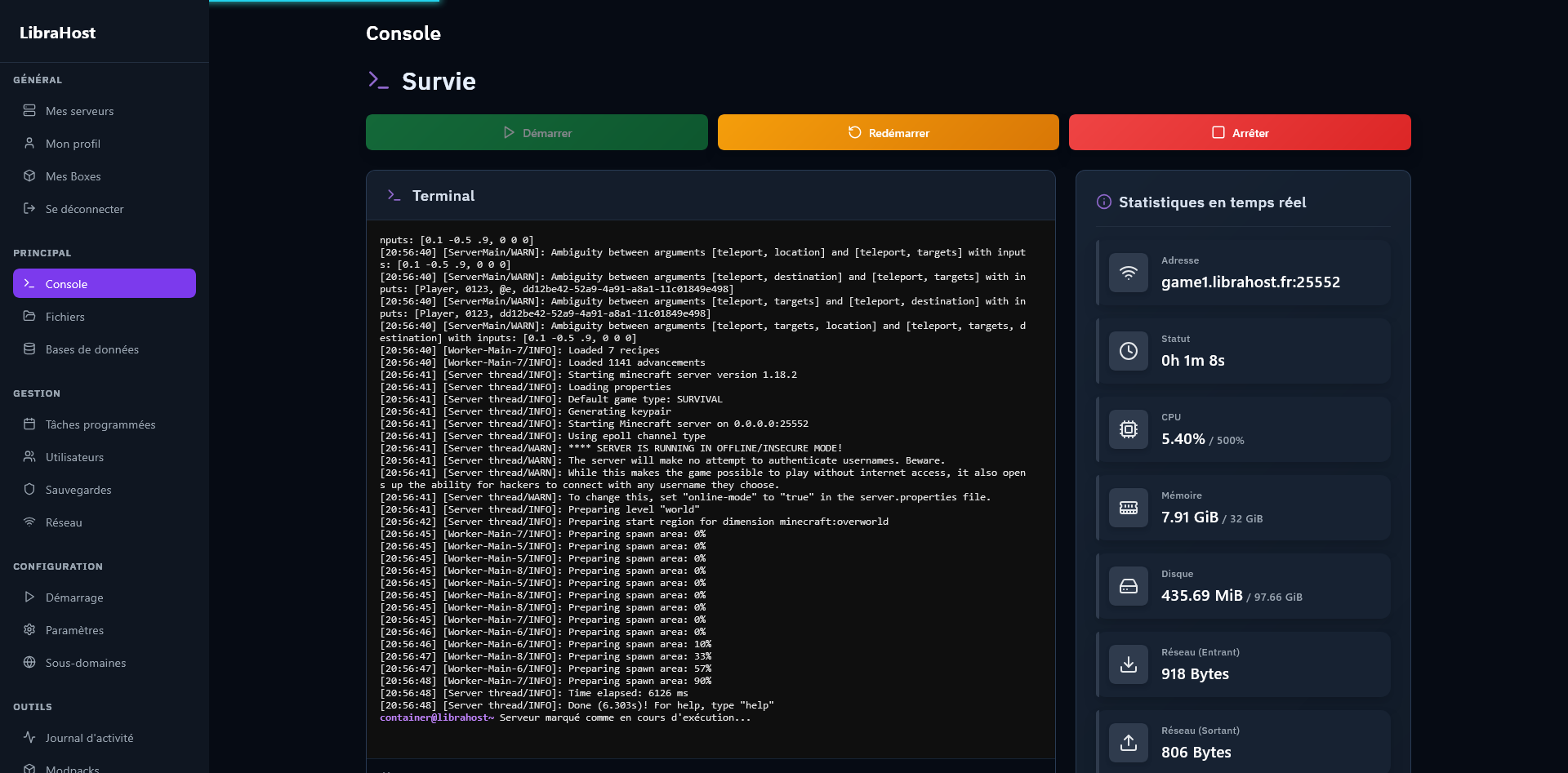 Capture d'écran du panel de gestion de serveurs de jeux