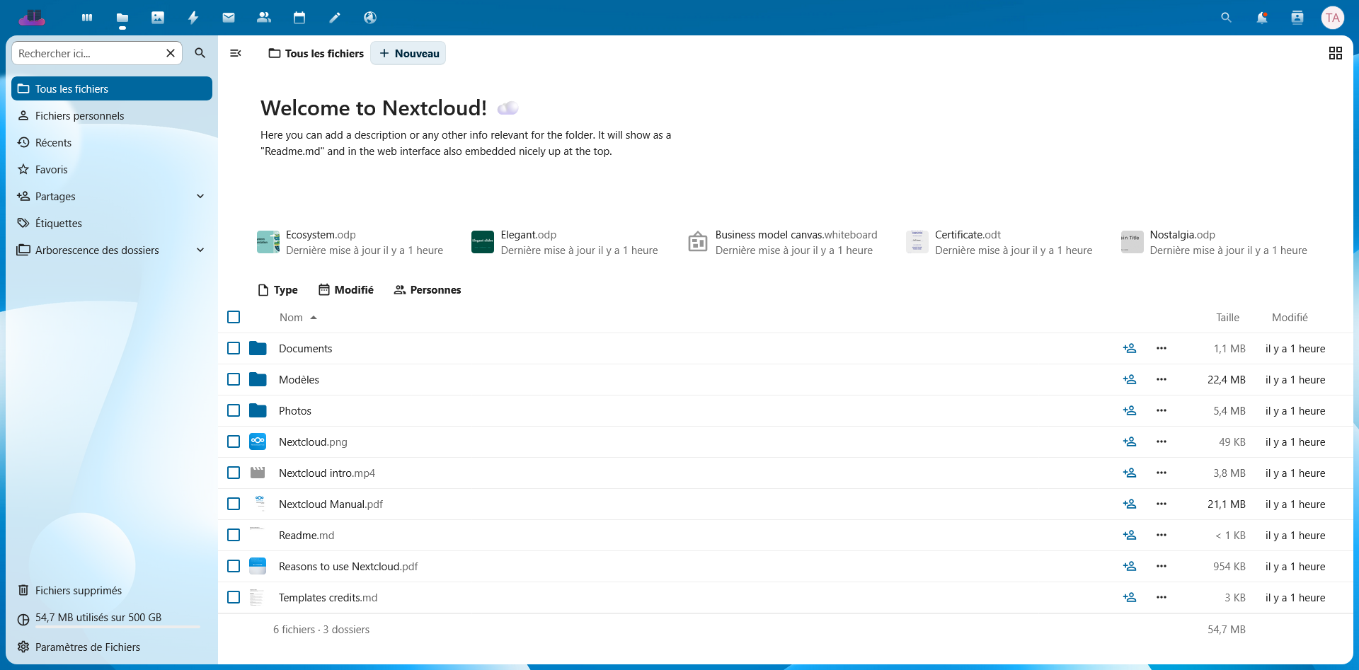 Capture d'écran de l'interface Nextcloud