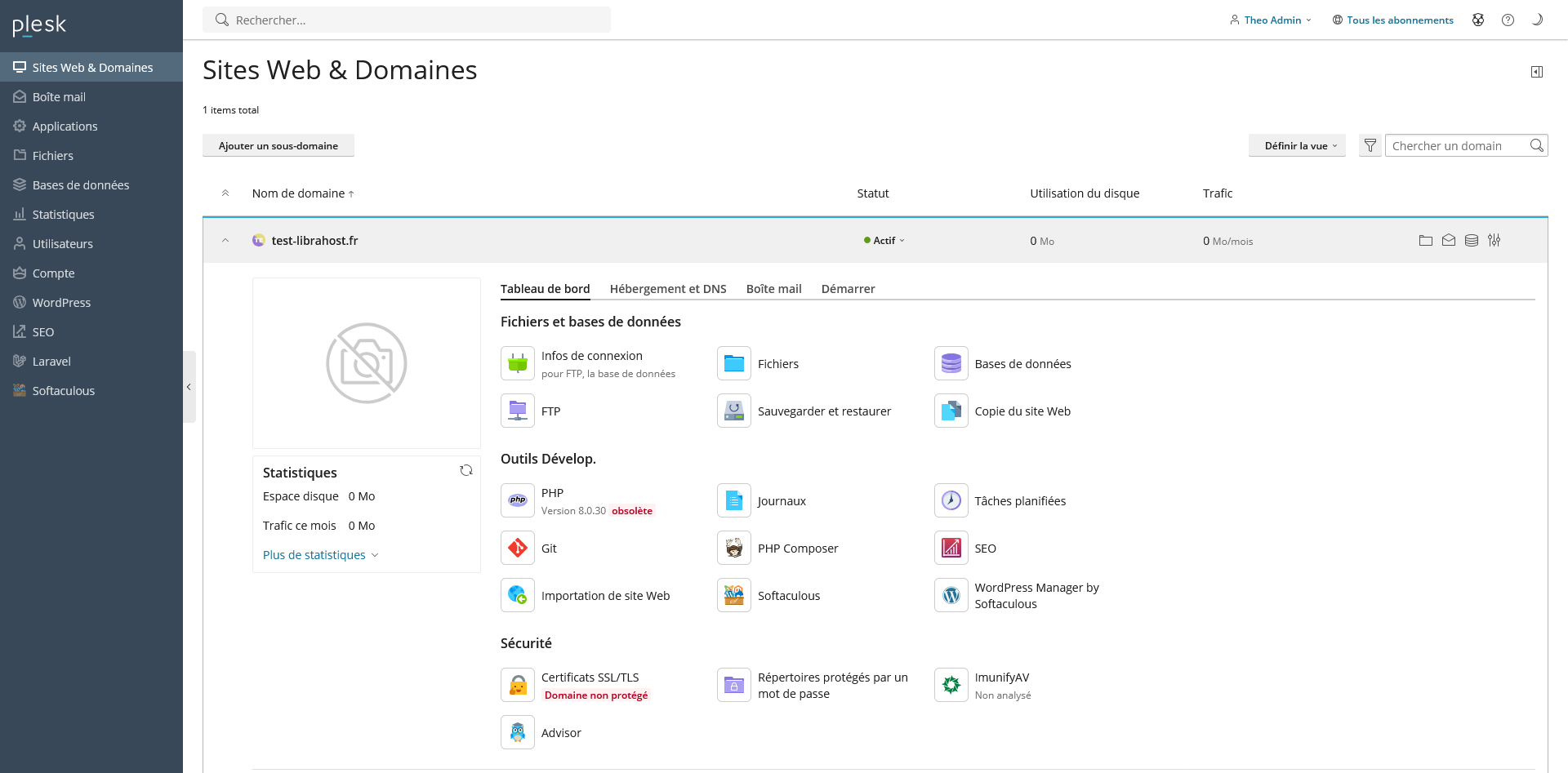Capture d'écran du panel Plesk